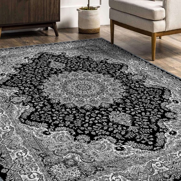 Black Rug For Living Room, Persian Style Medallion Rug, High Quality Area Rugs, Non Slip Backing, Bring Timeless Elegance to Your Floors