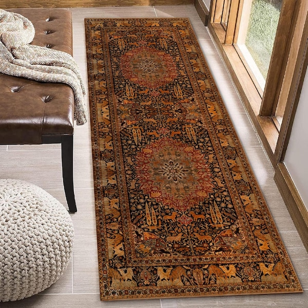 Bohemian Style Brown Narrow Runner for Vintage Hallways and Entryways, Traditional Farmhouse Rug, Washable Non Slip Based Kitchen Long Rug