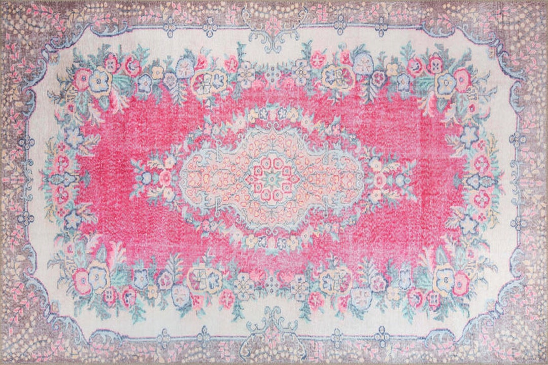 Rugs for Bedroom Aesthetic Pink, Elegant and Soft Vintage Style Rug, Easytoclean and Stain