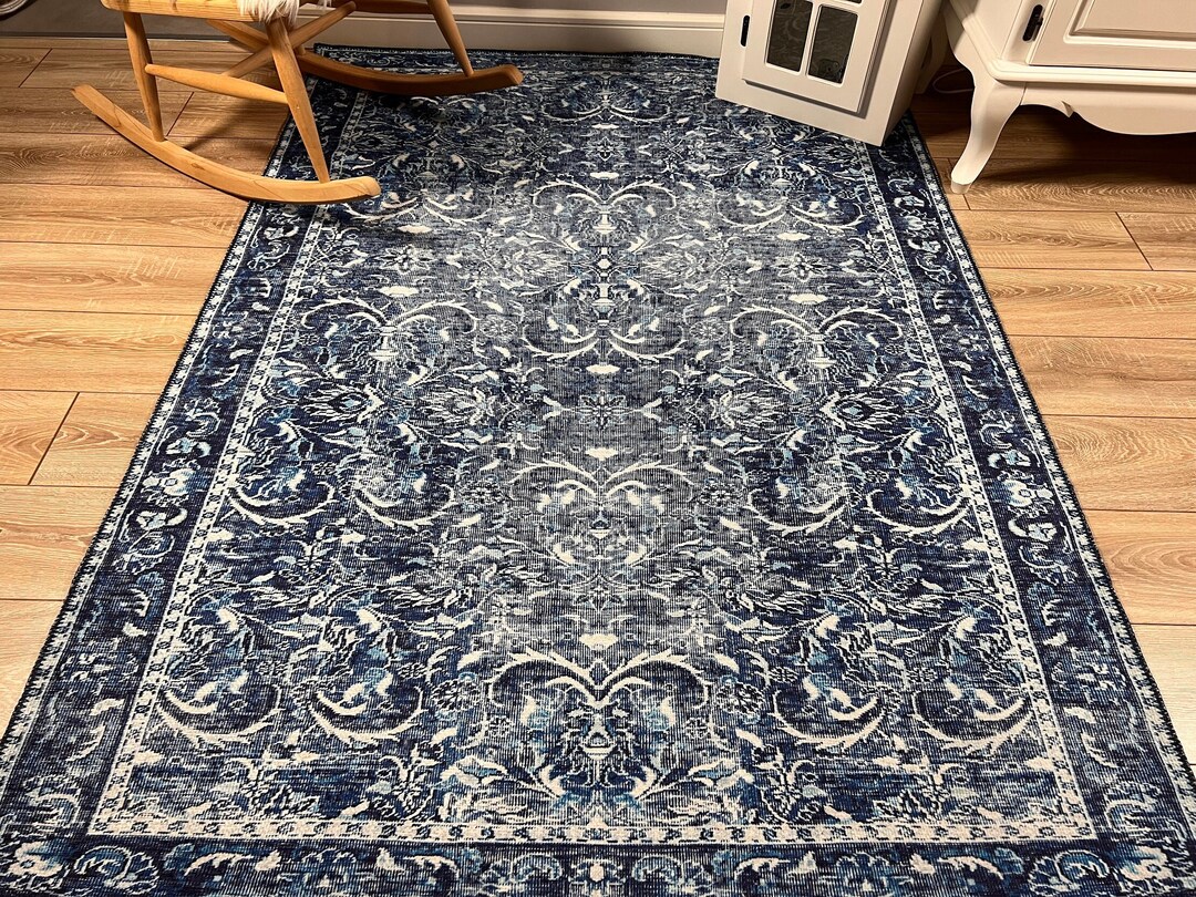 Oriental Blue Rug, Vintage Style Area Rug, Blue Rug for Living Room