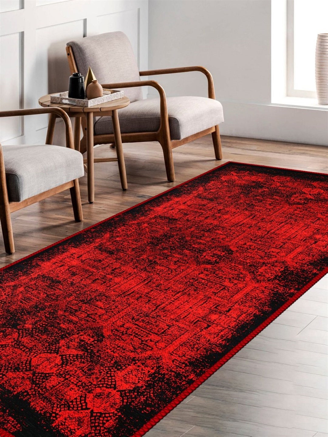 Turkish Rug Runner, Red and Black Vintage Style Rug, Farmhouse Boho