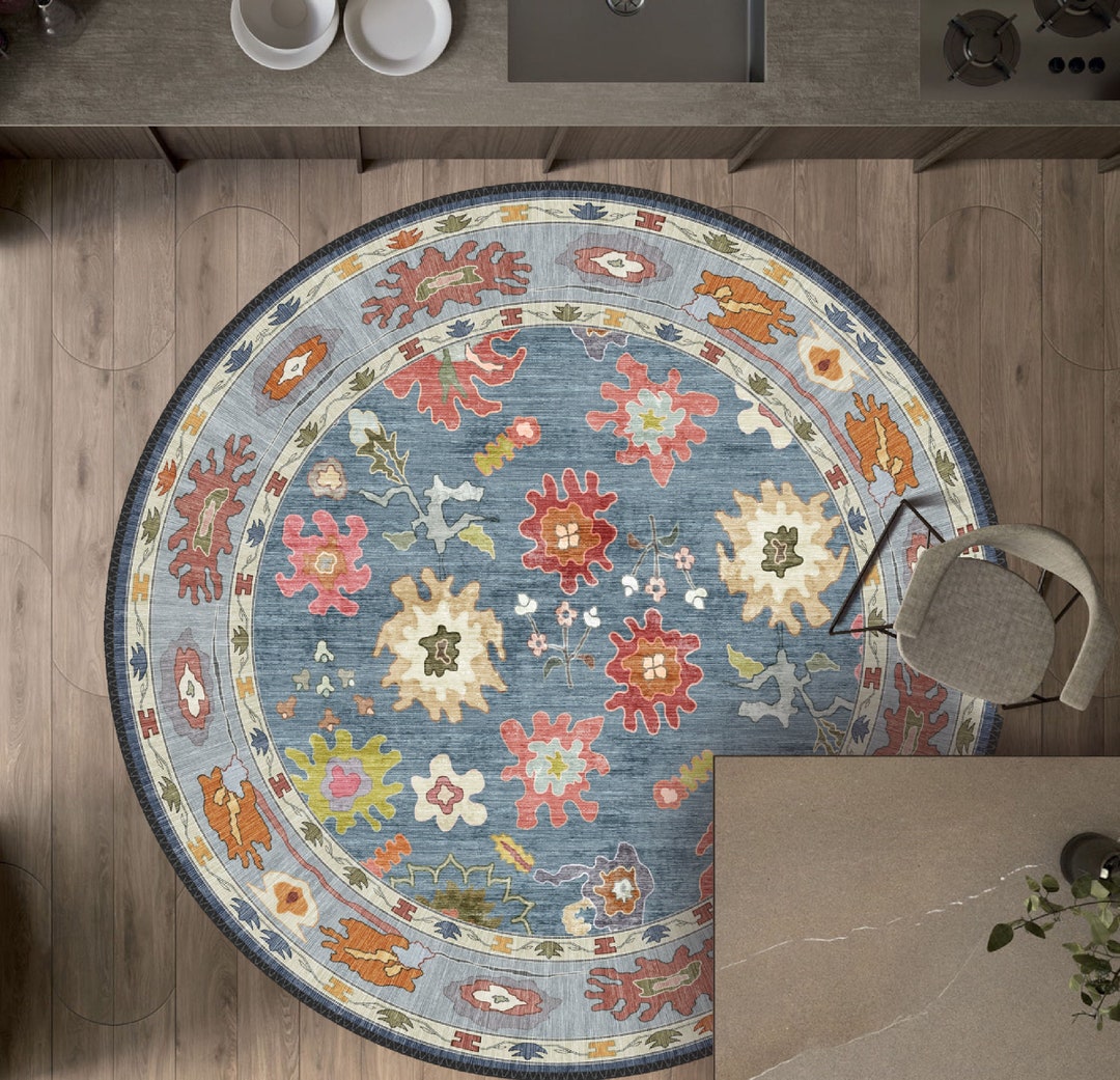 Vintage Style Round Blue Rug, Oushak Style Floral Rug, Perfect for ...