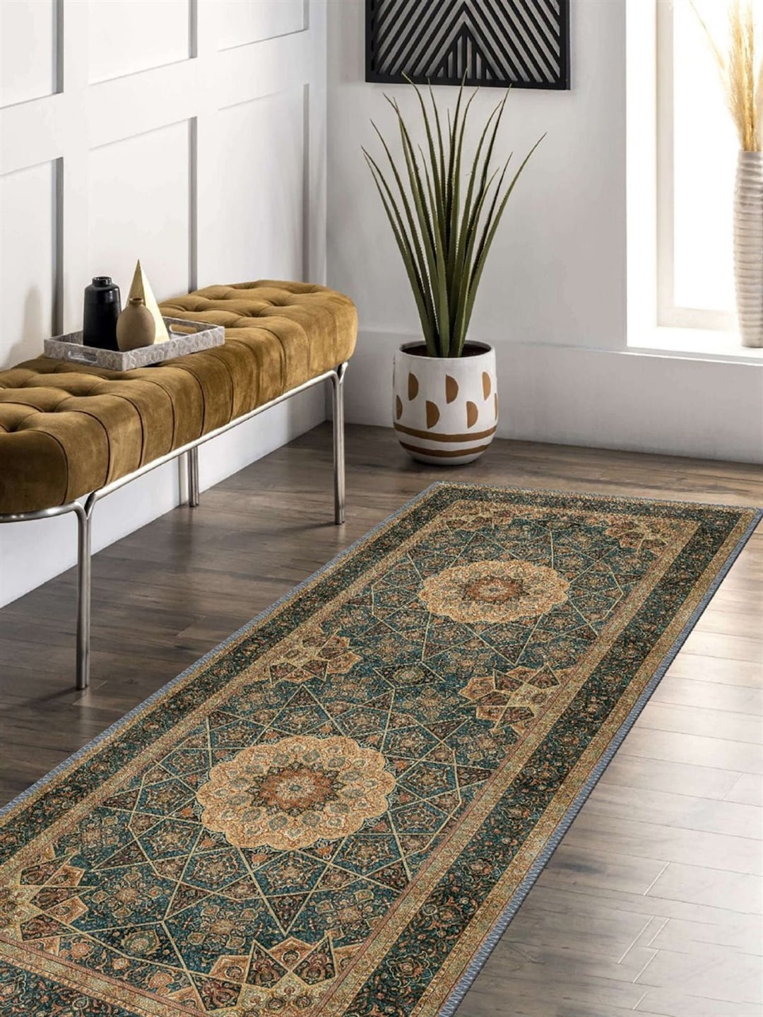 Persian Style Runner, Petrol Green Rug, Traditional Oriental Rug