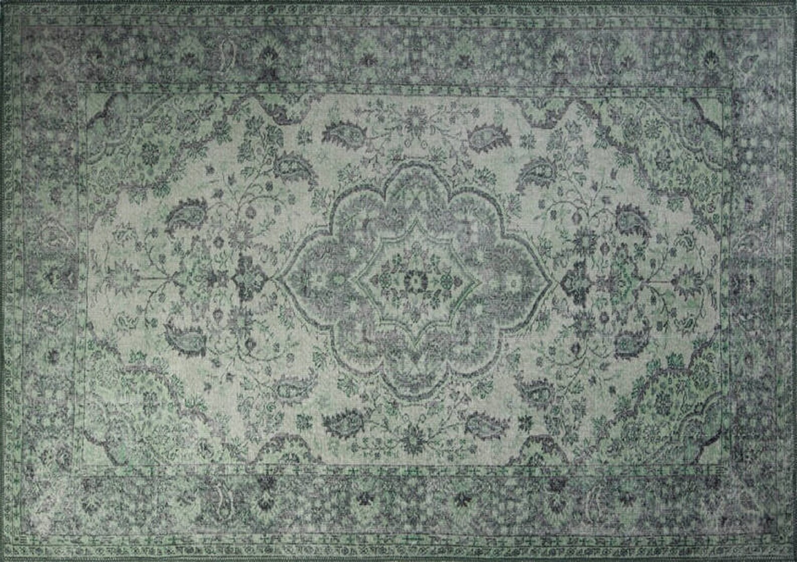 Grüner Vintage Blumenteppich – Maschinenwaschbar, Rutschfest & Schmutzabweisend, Niedriger Flor, Perfekt Für Wohnzimmer & Deko