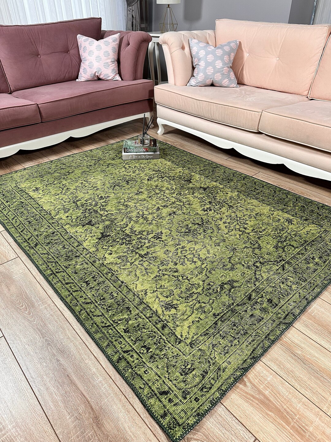 Green Rug for Bedroom, Living Room, Dining Room, Vintage Style Turkish