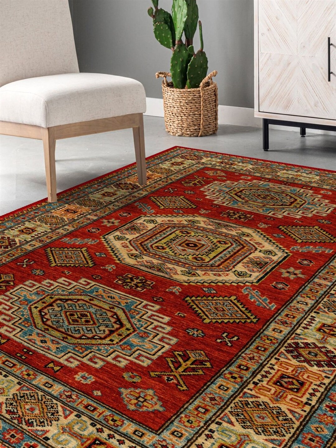 Bohemian Afghan Style Turkish Rug, Red Rugs for Bedroom Aesthetic