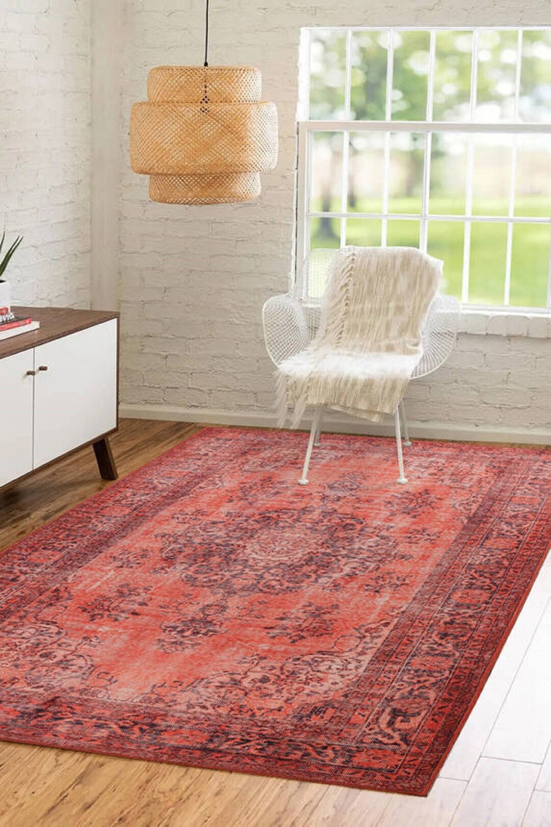 Turkish Rug Red Vintage Style Mid Century Area Rug Red Etsy