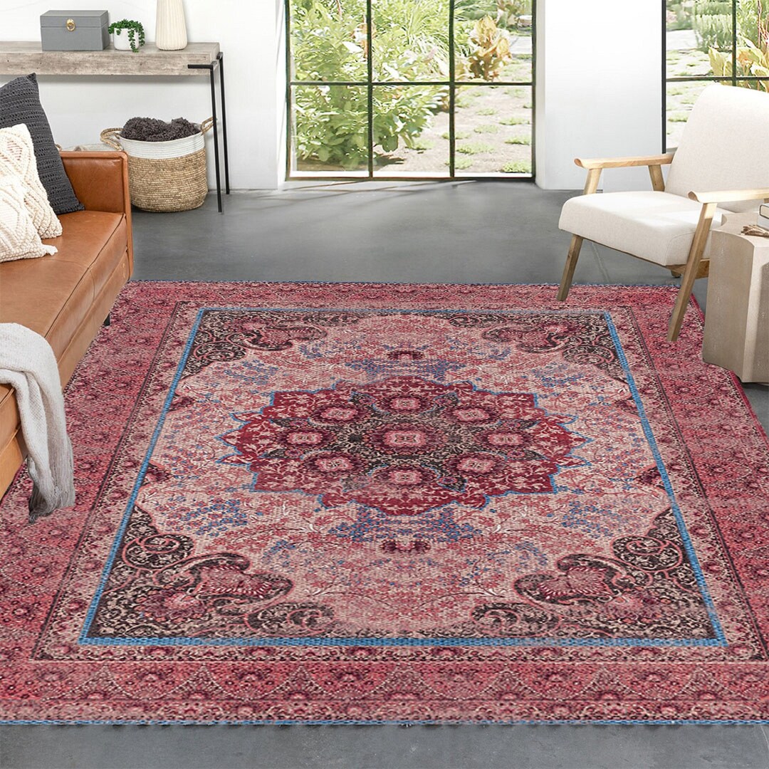 Pink Rug for Living Room, Rustic Pink Rug Vintage Style, Turkish