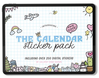 May include: A digital illustration of a tablet screen displaying a sticker pack for a calendar. The text on the screen reads "Introducing The Calendar Sticker Pack Including Over 200 Digital Stickers By Lollipop Hand Drawn". The image features a variety of colorful stickers, including a rainbow, a plane, a bee, a heart, a star, a cactus, a cake, a bunny, a Christmas tree, and a winter scene.