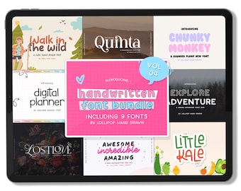 May include: A digital tablet screen displaying a collection of nine handwritten fonts. The fonts are displayed in colorful squares with illustrations and text. The title of the collection is "handwritten font bundle" and it includes the text "Vol. 04" and "including 9 fonts".