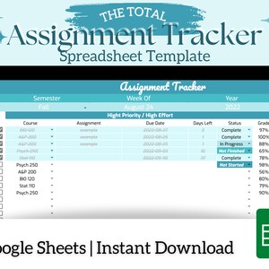 Assignment Tracker Google Sheet Template Homework Tracker Spreadsheet ...