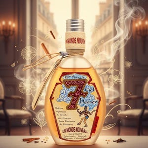 Pu&ograve; includere: Una bottiglia di profumo decorativa con tappo argentato ed etichetta con la scritta "7 Ciel Heaven". La bottiglia contiene un liquido ambrato chiaro ed &egrave; adornata da elementi decorativi e testo. Sono presenti anche bastoncini di cannella e disegni floreali.