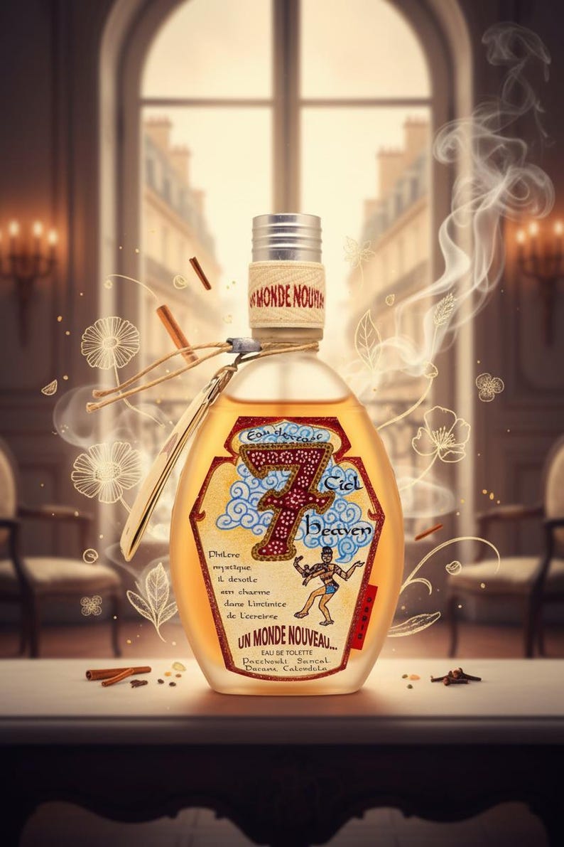 Pu&ograve; includere: Una bottiglia di profumo decorativa con tappo argentato ed etichetta con la scritta "7 Ciel Heaven". La bottiglia contiene un liquido ambrato chiaro ed &egrave; adornata da elementi decorativi e testo. Sono presenti anche bastoncini di cannella e disegni floreali.