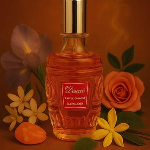 Peut inclure: Une bouteille de parfum teintée d'orange avec un bouchon doré, entourée de fleurs et d'un petit fruit orange. L'étiquette indique "Désirée Eau de Cologne Napoléon."