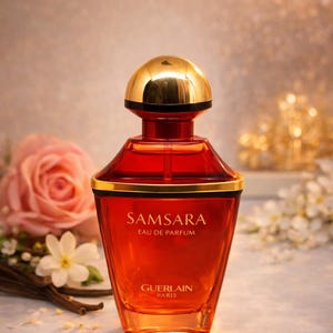Może przedstawiać: Butelka perfum Samsara Eau de Parfum ze złotą nakrętką i czerwono-pomarańczowym korpusem. Butelka ma złote obramowanie i widoczne jest logo Guerlain Paris. R&oacute;żowa r&oacute;ża i białe kwiaty są w tle.