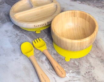 Bamboo Baby & Kleinkind Fütterung Set-Weaning Set - Erste Fütterung Set mit Saugnapf und Schüssel - Ideal für alle Mahlzeiten inklusive Frühstück