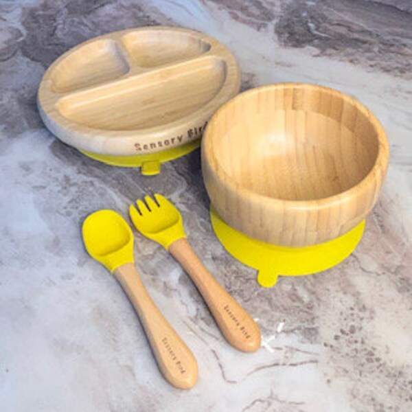 Bamboo Baby & Kleinkind Fütterung Set-Weaning Set - Erste Fütterung Set mit Saugnapf und Schüssel - Ideal für alle Mahlzeiten inklusive Frühstück