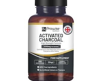 Cápsulas de carbón activado 200 cápsulas - 1200 mg por porción - Hechas de cáscaras de coco naturales Fabricadas en el Reino Unido por Prowise Healthcare