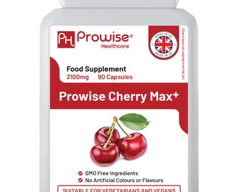 Cherry Max+ 2100 mg de cereza Montmorency con cereza negra añadida. 90 cápsulas veganas de alta potencia. Fabricado en el Reino Unido.