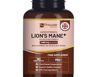 Lion's Mane Mushroom Supplement: 4000mg, B Vitamins & Black Pepper - 180 Vegan Tablets