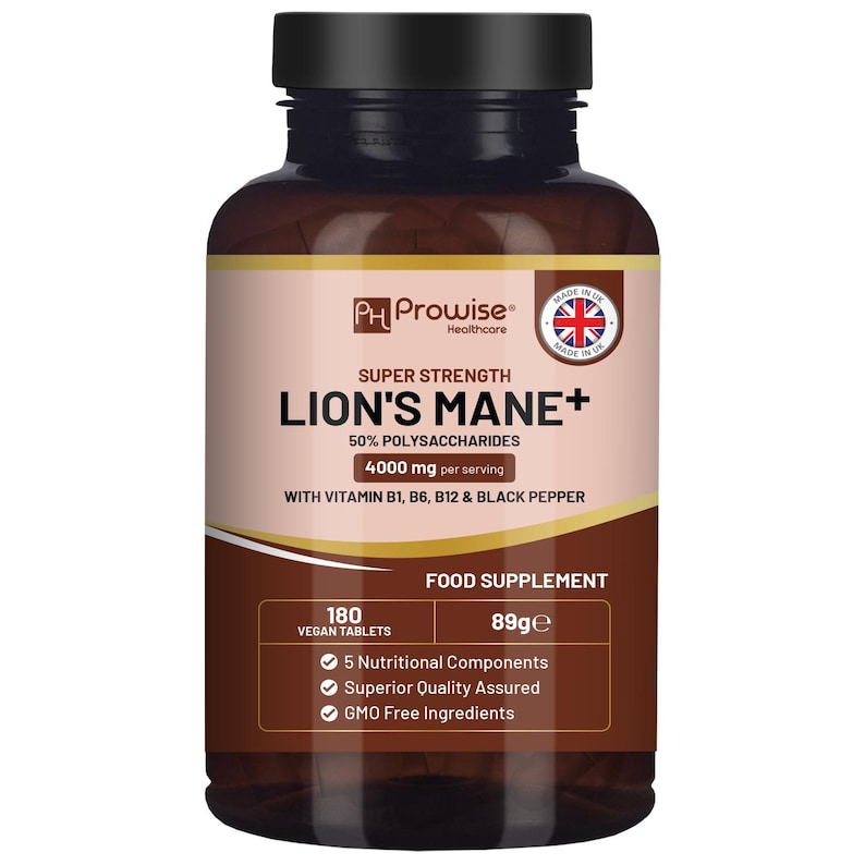 Lion's Mane Mushroom Supplement: 4000mg, B Vitamins & Black Pepper - 180 Vegan Tablets image 1