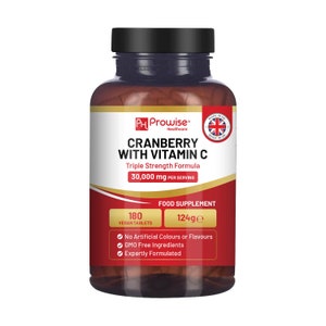 Puede incluir: Una botella marrón de pastillas de suplemento de arándano con vitamina C. La botella está etiquetada con "PH Prowise Healthcare Cranberry with Vitamin C Triple Strength Formula 30,000 mg per serving 180 Vegan Tablets 124g Food Supplement No Artificial Colours or Flavours GMO Free Ingredients Expertly Formulated"