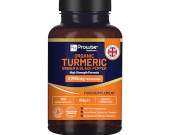 Organic Turmeric 2280mg (High Strength) with Black Pepper & Ginger – 180 Vegan Turmeric Capsules | UK Made by Prowise Healthcare