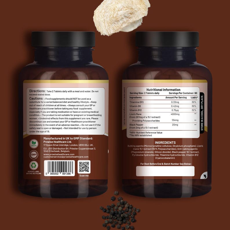 Lion's Mane Mushroom Supplement: 4000mg, B Vitamins & Black Pepper - 180 Vegan Tablets image 2