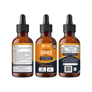 Puede incluir: Una botella de 30 ml de suplemento alimenticio l&iacute;quido Prowise Healthcare Vitamin D3+K2 Drops. La botella es de vidrio &aacute;mbar con un gotero y una etiqueta blanca con el nombre del producto y los ingredientes. La etiqueta tambi&eacute;n incluye la informaci&oacute;n nutricional y una bandera del Reino Unido.