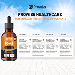 Puede incluir: Una botella de 30 ml de gotas de vitamina D3+K2, un suplemento alimenticio l&iacute;quido. La botella es transparente con un gotero marr&oacute;n y una etiqueta blanca. La etiqueta presenta el nombre del producto, los ingredientes y la informaci&oacute;n nutricional en varios idiomas, incluyendo italiano, franc&eacute;s, alem&aacute;n y espa&ntilde;ol.