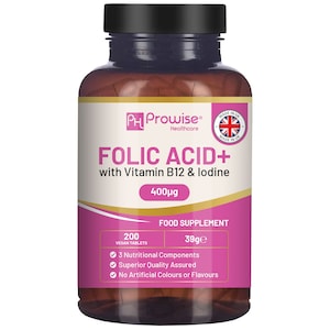 May include: A brown plastic bottle of Folic Acid+ with Vitamin B12 & Iodine. The label is white and pink with the text "400µg". The bottle contains 200 vegan tablets and is a food supplement.