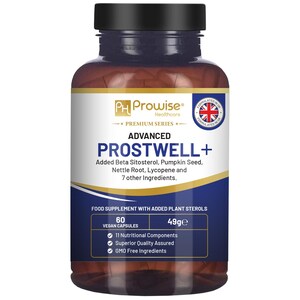 May include: A blue bottle of Prostwell+ Advanced dietary supplement containing 60 vegan capsules. The bottle label features the brand name PH Prowise Healthcare, the product name Prostwell+, and a list of ingredients including Beta Sitosterol, Pumpkin Seed, Nettle Root, and Lycopene. The bottle is labelled as a food supplement with added plant sterols.