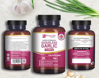 Cápsulas de ajo sin olor de primera calidad: alta potencia, 45 000 mg, 200 cápsulas blandas de Prowise