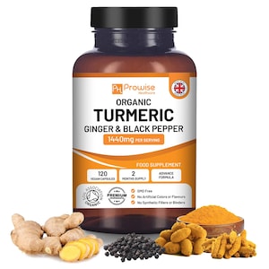 May include: A brown bottle with a white label that reads "PHProwise Healthcare Organic Turmeric Ginger & Black Pepper 1440mg per serving". The bottle is surrounded by ginger root, black peppercorns, and turmeric root.
