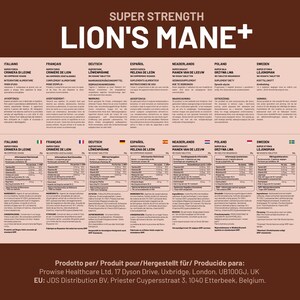 May include: A multi-lingual product label for Lion's Mane+ dietary supplement. The label features the product name in bold, along with the product's super strength designation. The label also includes nutritional information, ingredients, and warnings in multiple languages, including Italian, French, German, Spanish, Dutch, Polish, and Swedish.