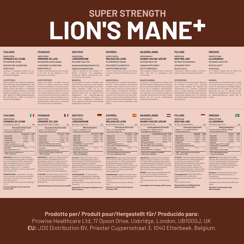 May include: A multi-lingual product label for Lion's Mane+ dietary supplement. The label features the product name in bold, along with the product's super strength designation. The label also includes nutritional information, ingredients, and warnings in multiple languages, including Italian, French, German, Spanish, Dutch, Polish, and Swedish.