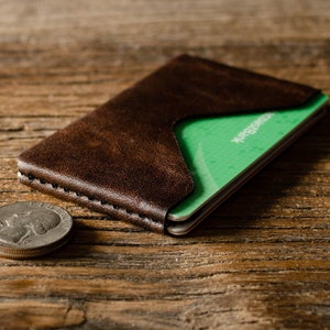 May include: A brown leather wallet with a stitched edge, holding a green credit card. The wallet is lying on a wooden surface.