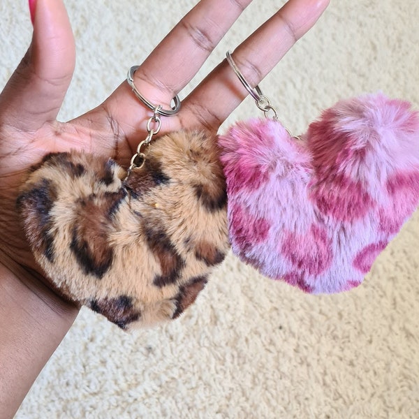 Cute Heart Shape Puff ball, Furry Pompom, Cheetah Print Keychain, Silver