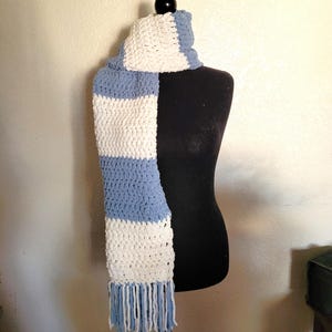Crochet long chunky scarf in white, and baby blue scarf, soft cozy scarf, polyester plush