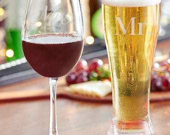 Engraved Mr. and Mrs. Beer and Wine Glass Set, Couple Gift