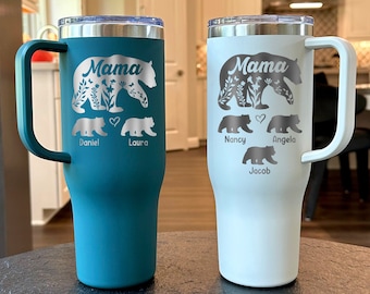 Mama Bear Tumbler Personalized, Mama Bear Tumbler With Cubs, Mama Bear 40oz Tumbler With Handle, Engraved Mama Bear Gift, Mama Bear Cubs