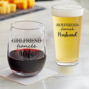 Stemless Wine Glass and Beer Glass Set, Husband and Wife Glasses, Wedding Glass Set, Newly Married Gift, Set of 2, Wedding Couple Gift