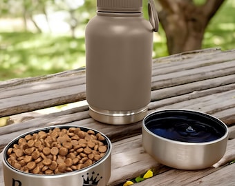 Food Water Bottle with Detachable Bowls for Pets, Water Bottle for Human Pets, Dog Travel Accessories Kit, 32oz Stainless Steel Water Bottle