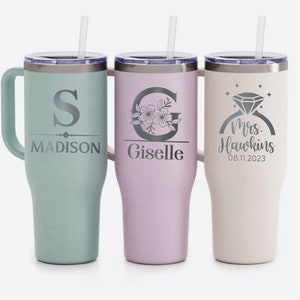 Personalized Engraved Tumbler With Handle, 40 oz Stainless Steel Tumbler with Lid And Straw, Bridesmaid Gift, 40oz Travel Mug