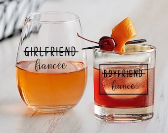 Boyfriend Girlfriend Wine and Whiskey Glass Set, Engagement Glasses, Girlfriend Fiance Glasses, Boyfriend Fiance Engagement Gift, Set Of 2