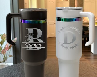 Personalized Engraved Tumbler With Handle, Stainless Steel Tumbler with Lid And Straw, 40oz Travel Mug, Bridesmaid Gift, Bridal Party Gift