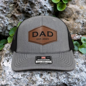 Dad Est Trucker Hat, Leather Patch Hat, Custom Dad Established Hat, Personalized Snapback Patch Hat, Richardson 112, New Dad Gift