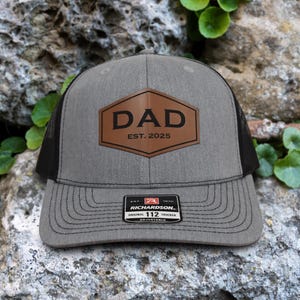 Dad Est Trucker Hat, Leather Patch Hat, Custom Dad Established Hat, Personalized Snapback Patch Hat, Richardson 112, New Dad Gift
