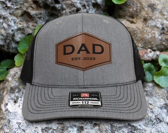 Dad Est Trucker Hat, Leather Patch Hat, Custom Dad Established Hat, Personalized Snapback Patch Hat, Richardson 112, New Dad Gift