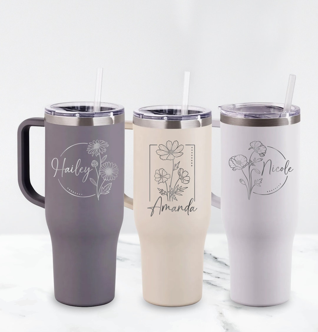 Personalized Birth Flower 40oz Tumbler, Custom Laser Engraved Birth Month Flower Tumbler, Gift ...